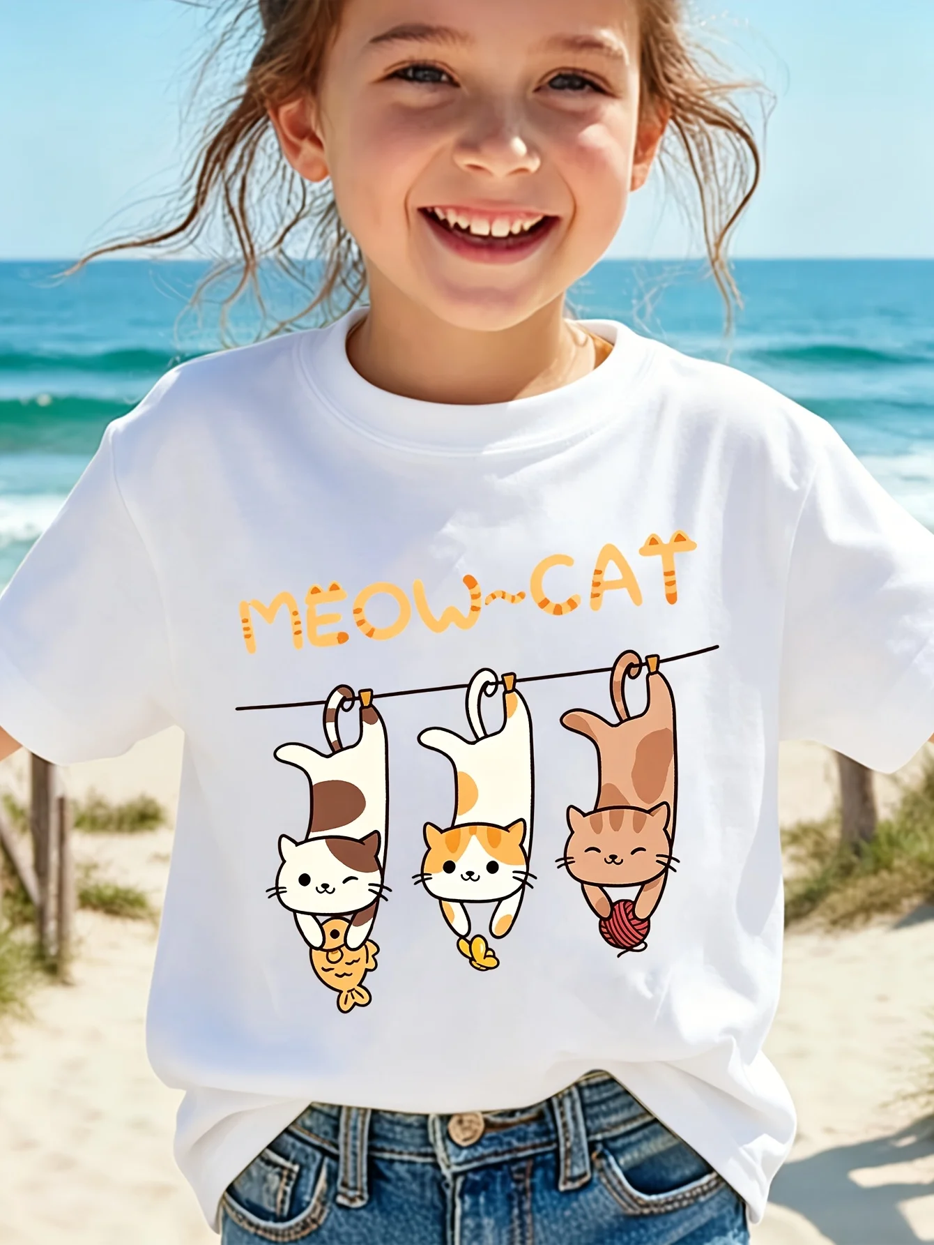 Kids Cute Hanging Meow Cat Graphic Tee Boys Girls Family Matching Short Sleeve Lovely Kitten Cartoon Casual Daily Wear T Shirt