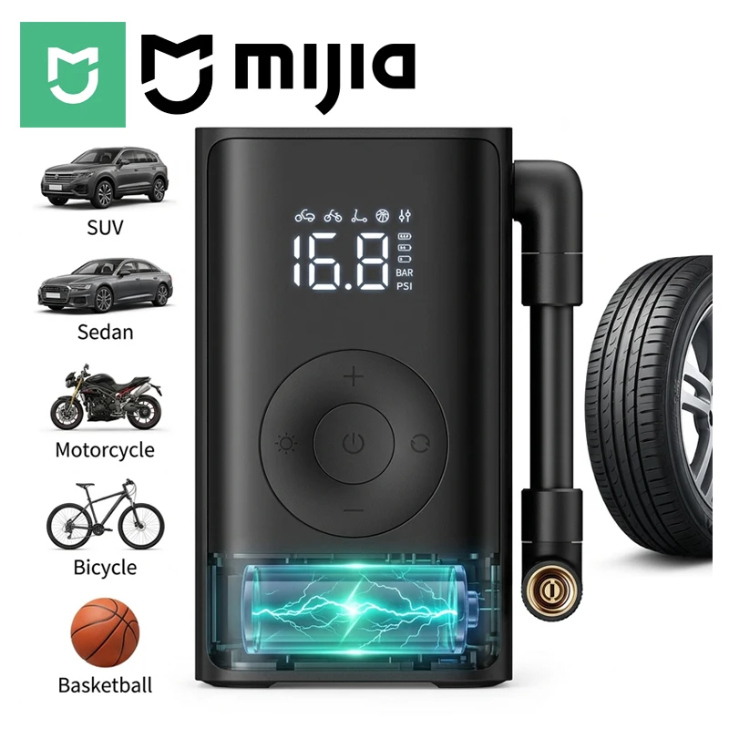 MIJIA Tire Inflator Portable Electric Air Compressor Cordless Mini Bike Pump Display,150PSI Car Tires Air Pump With LED Lights