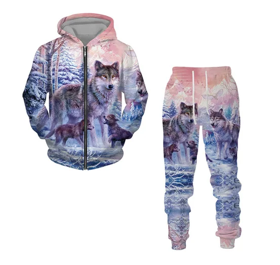 3D The Wolf Printed Zip Hoodie + Pants Suit Cool Men/Women 2 Pcs Sportwear Tracksuit Set Autumn and Winter Men's Clothing