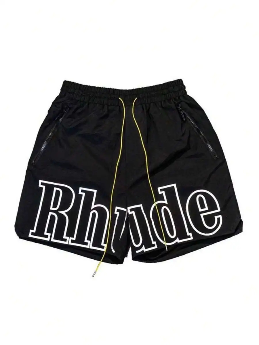 Mens Loose Fit Drawstring Shorts With Bold Letter Print, Casual Sporty Beachwear, High-Waist Elastic Waist Design