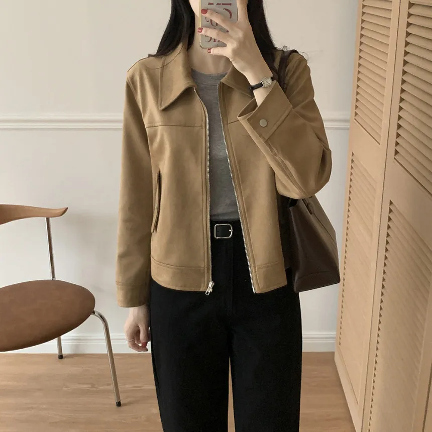 Inverno ort Svel Biker Sle Cappotto lungo Sve Tessuto scamosciato morbido Chiusura con cerniera Capispalla da donna coreano Sle Jaet