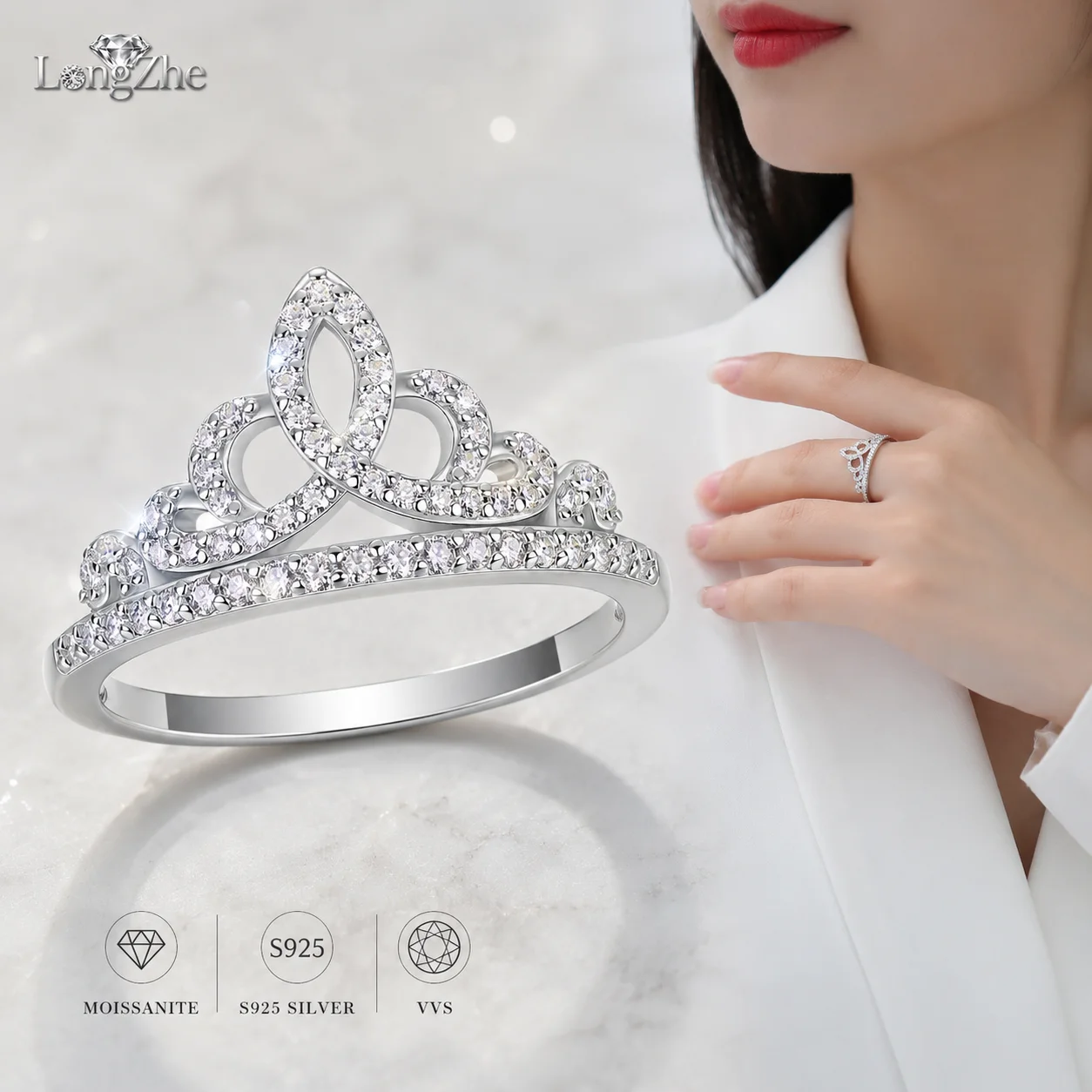 LongZhe S925 Sterling Silver Moissanite Ring Crown Tiara 60 Stones Princess Ring Silver 925 Rings Daily Jewelry Gift for Women