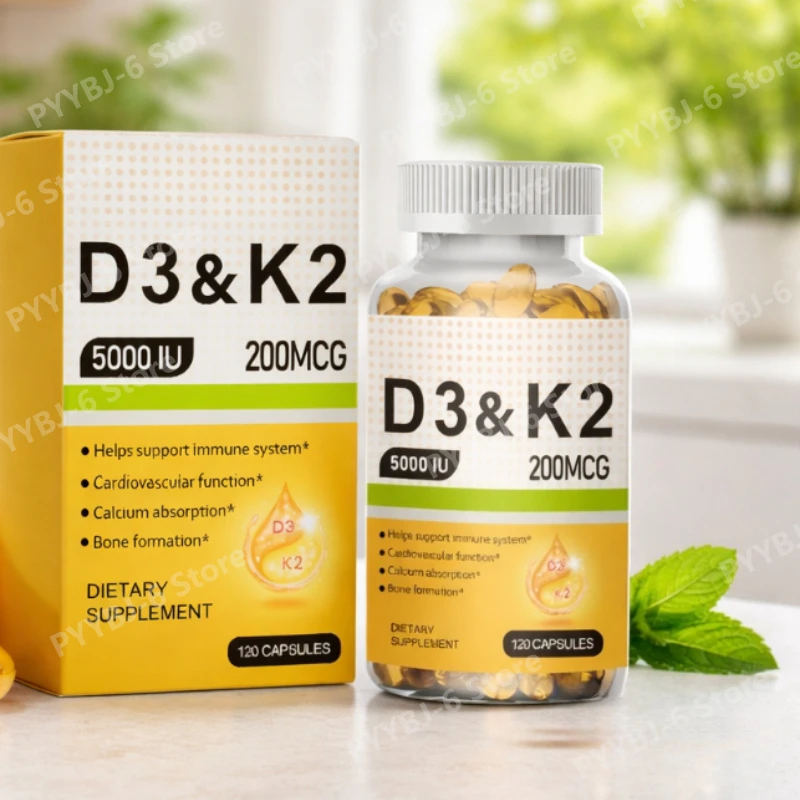 

Витамин D3 5000 МЕ с K2 200 мкг для поддержки костей, улучшения усвоения кальция, ежедневная пищевая добавка, мягкие желатиновые капсулы, 120 штук для взрослых