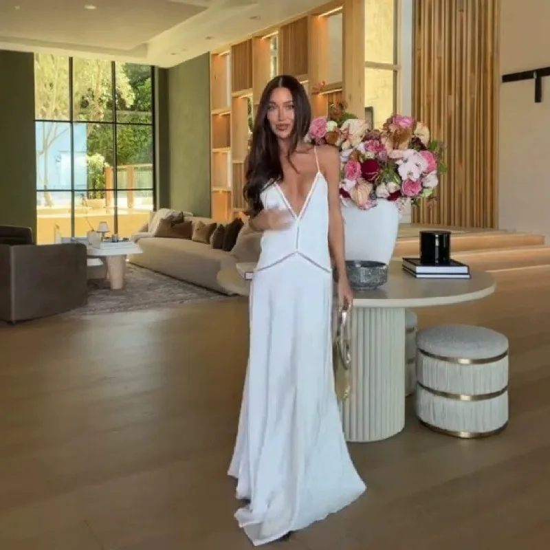 Flowy Floor Length Dress Deep V Neck Thin Spaghetti Straps Hollow Out Cutout Panel Open Back Loose Swing Hem Maxi Gown 260701