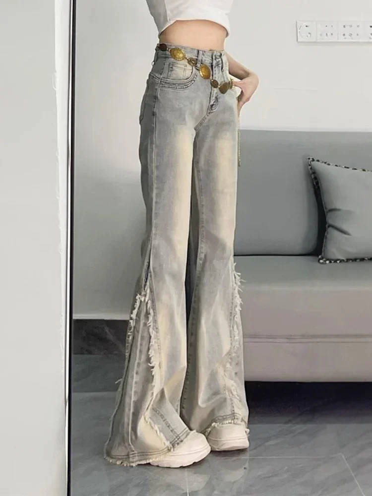 ارتفاع الخصر السراويل الزرقاء خمر النساء الأمريكية الرجعية 90s المواد الخام حافة تصميم Y2k الدنيم السراويل الشارع الشهير واسعة الساق السراويل