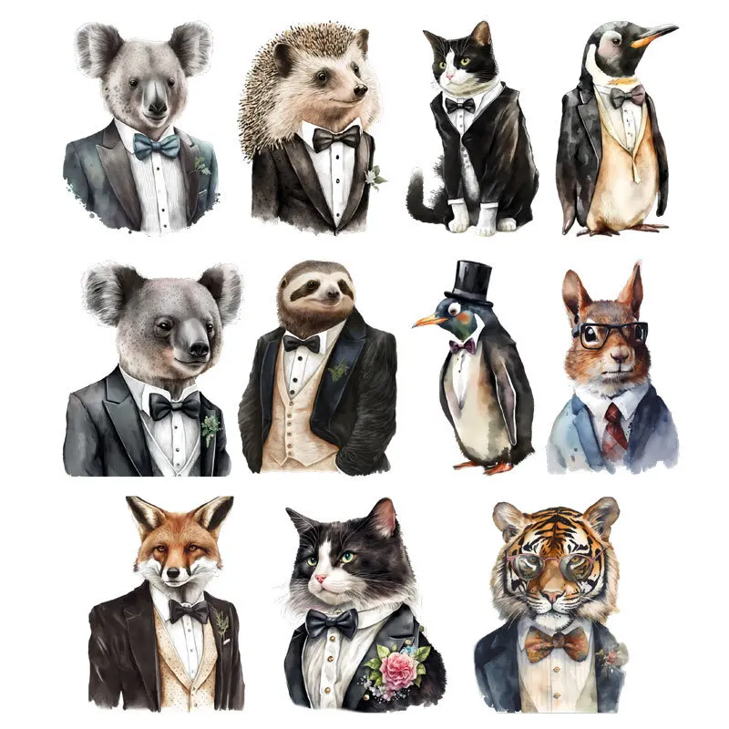 Suit Animal Fox Koala Hedgehog Tiger Cat Mr Heat Transfer Stickers DIY Iron On Transfers For Clothing Washable Stickers