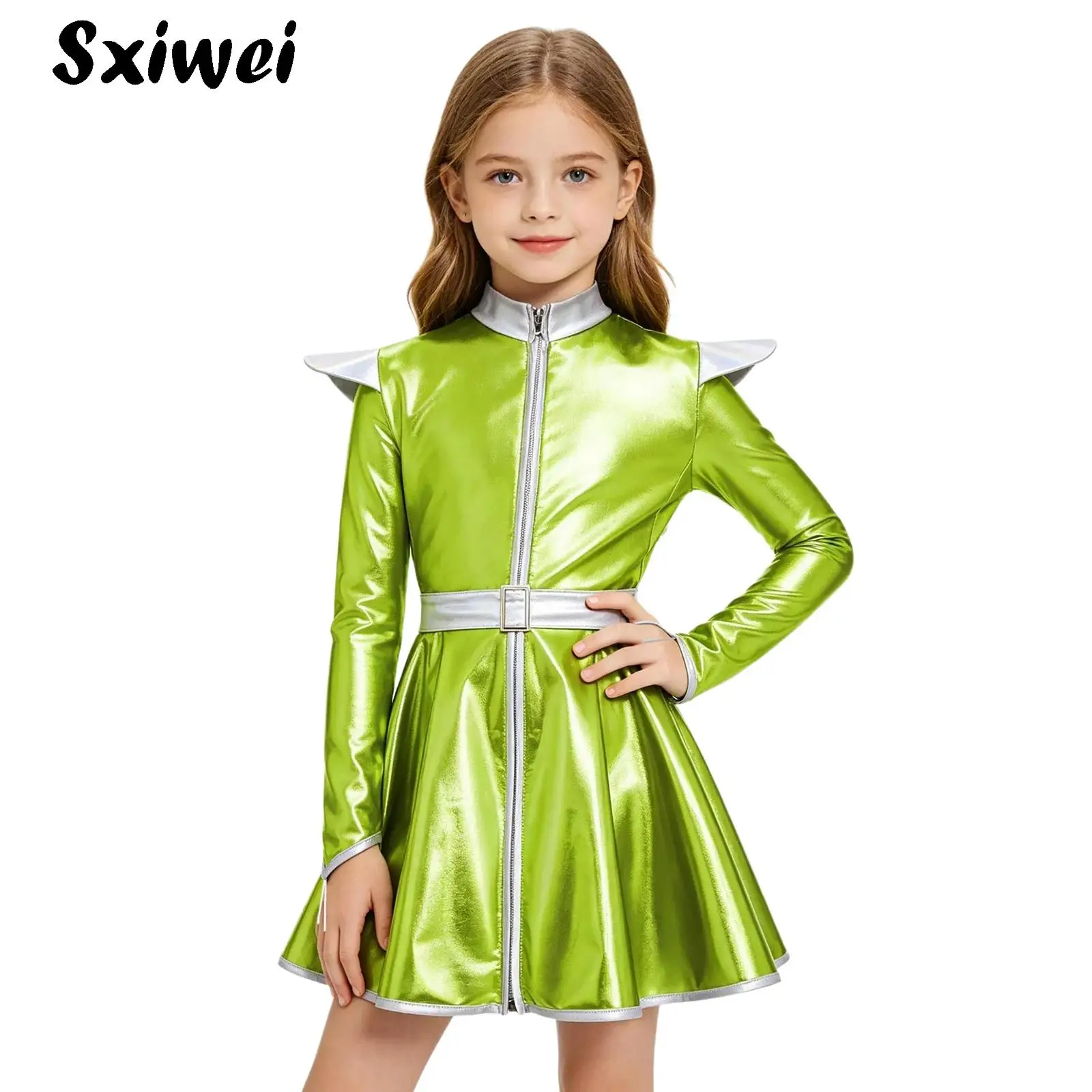 Kid Girls Silver Astronaut Costume Alien Tutu Dress Space Cadet Metallic Shiny A-line Dress Halloween Robot Party Fancy Dress Up