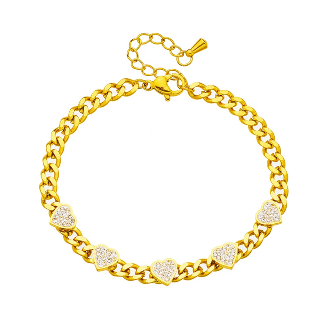 

Cute Zirconia Heart Charm Bracelet Female Gold Color Stainless Steel Curb Cuban Hand Chain Link Bracelet for Woman Jewelry Gift