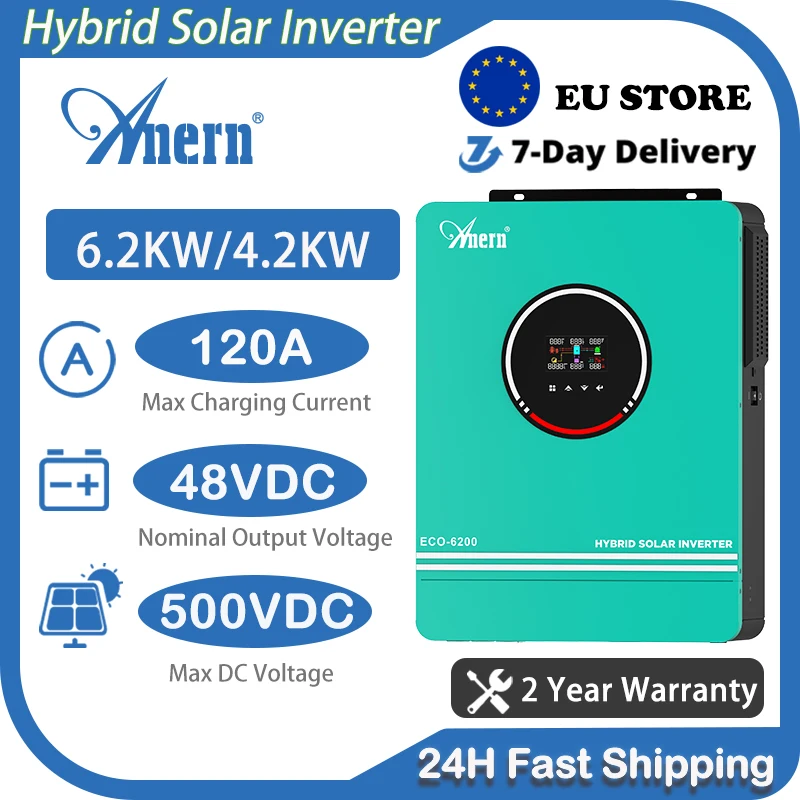 

Anern Solar Hybrid Inverters 6.2KW 4.2KW 24V 48V With MPPT 140A Charger Controller Dual AC Output Pure Sine Wave for Home System