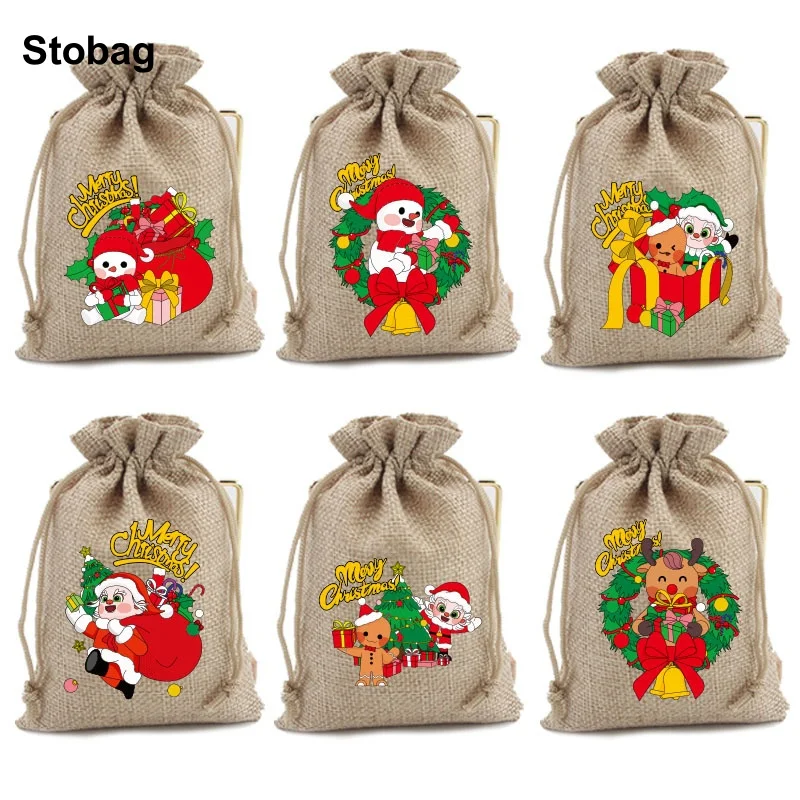 

StoBag 5pcs Merry Christmas Linen Drawstring Small Bags Kids Gift Candy Packaging Storage Child Pocket Pouches Party Favors