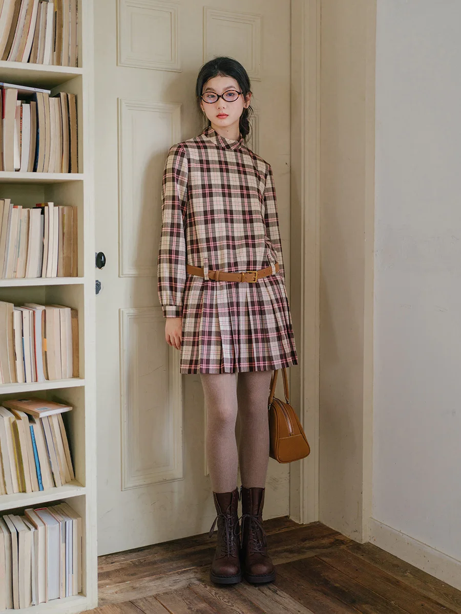 

Bluwhite Vintage Plaid Ba Knot с низкой талией Dr een Brown Ele Long Sve Dr круглый Ne на одной пуговице
