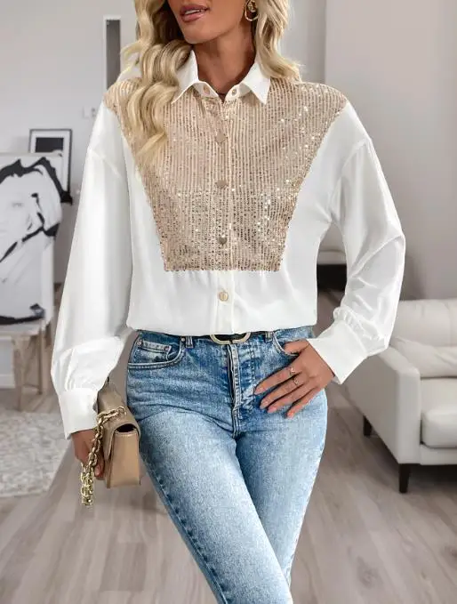 

Women's Blouse Glitter Decor Long Sleeve Fashion Shirt Womans Daily Clothes Trendy Street Casual Blouses Korean Popular Clothes