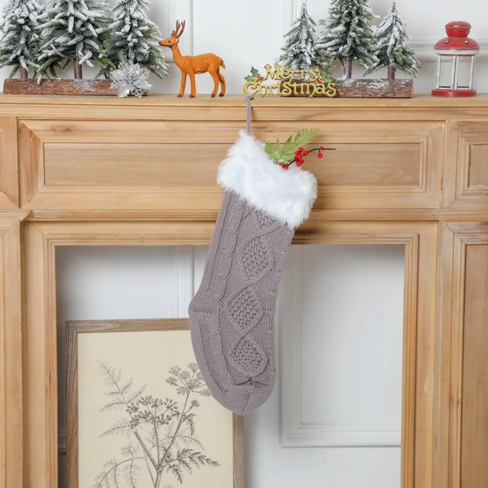 With Fluff Knitted Christmas Stocking Large Size 18 Inches Christmas Gift Bag Solid Color Christmas Tree Ornaments Fireplace