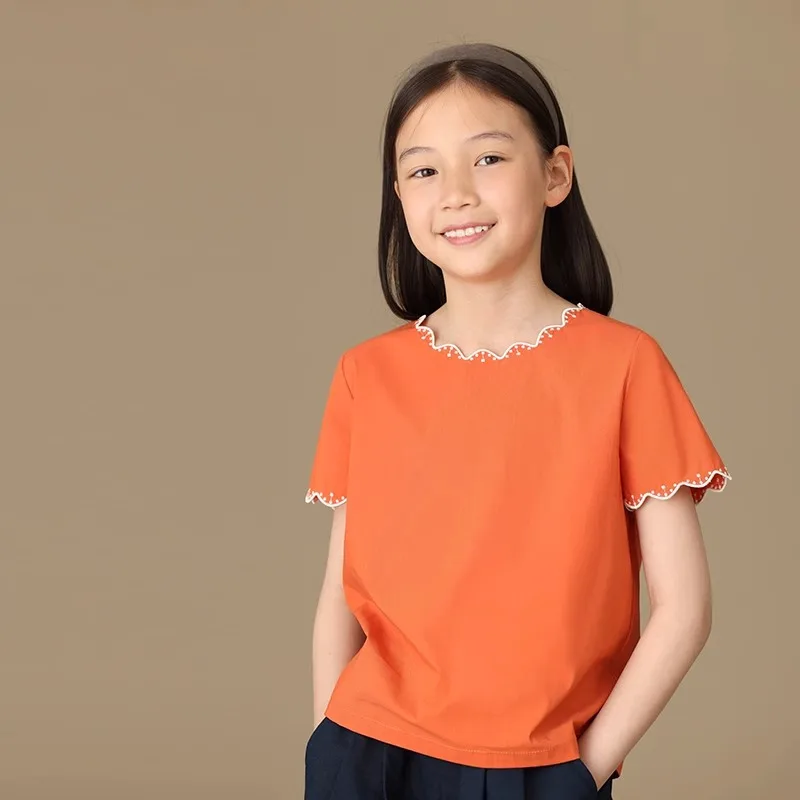 Childern Clothing Gril's Outfits 2024 Summer Beach Orange Lace Shirt for Girl Skin-friendly Cotton Casual Top with Floare