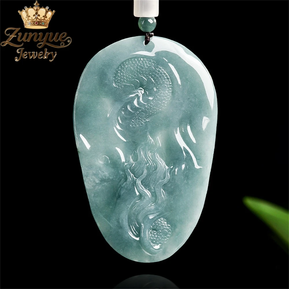 Natural A-Grade Jadeite Blue Water Dragon Soaring For Thousands Of Miles Dragon Brand Grand Zodiac Dragon Pendant Charms Elegant