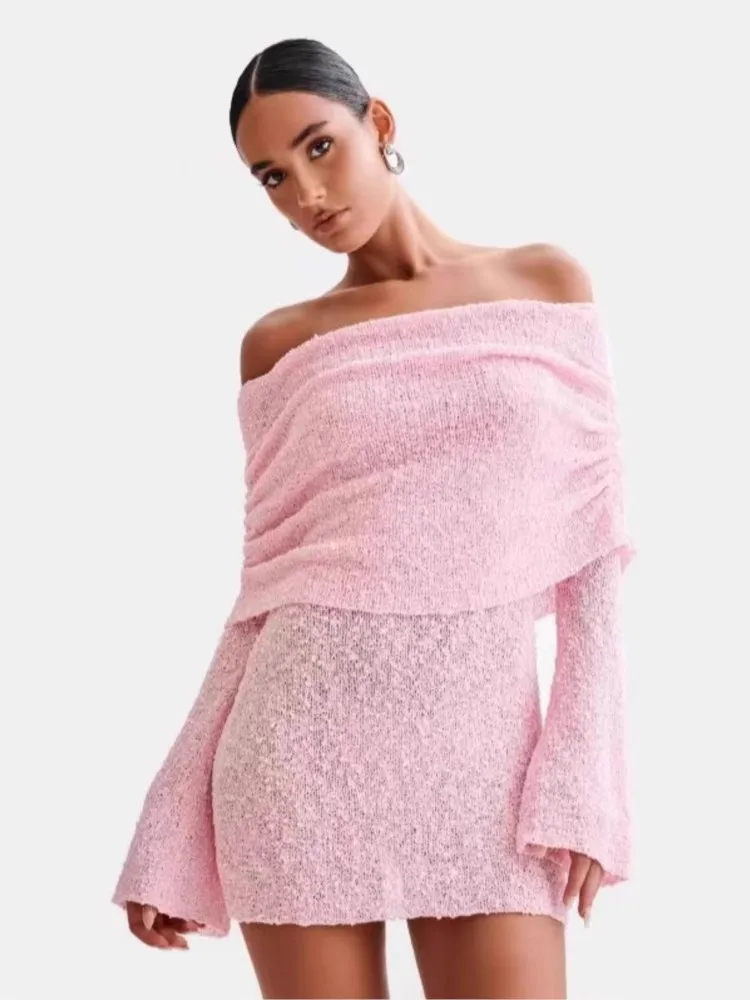 

Sexy Dresses Women's Autumn See Through Double Pleated Neck Flared Sleeves Elegant Thin Beach Birthday Party Bodycon Vestidos