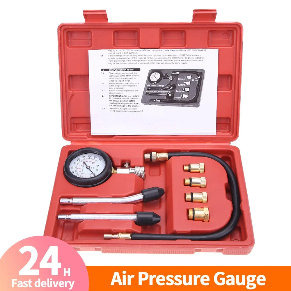 Compression Tester Pressure Gauge Automotive Tester Kit Motor Petrol Gas Engine Cylinder Car Pressure Gauge with Adapter