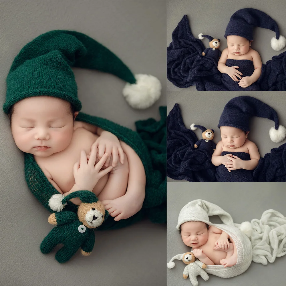 

Newborn Wraps For Photography Knitted Soft High Stretchable Wrap Goodnight Hat Handmade Bear Doll Studios Baby Photoshoot Props