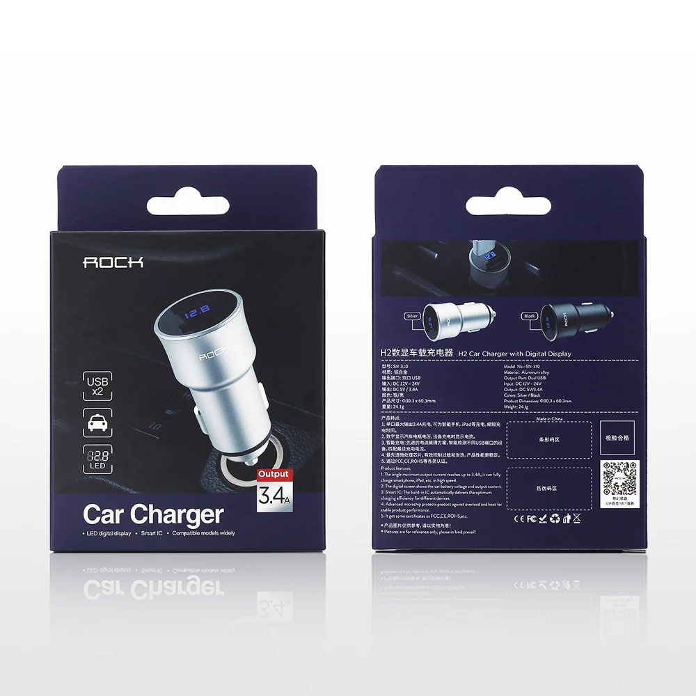 

Автомобильное зарядное устройство ROCK H2 с двумя USB-портами и цифровым LED-дисплеем, 5В/3.4А, из алюминиевого сплава, с быстрой зарядкой и мониторингом напряжения, замена
