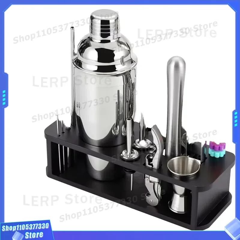 Kangqiang 12 Piece Stainless Steel Cocktail Shaker Set with Wooden Stand Modern Eco Friendly Bar Tools Accessories for Home