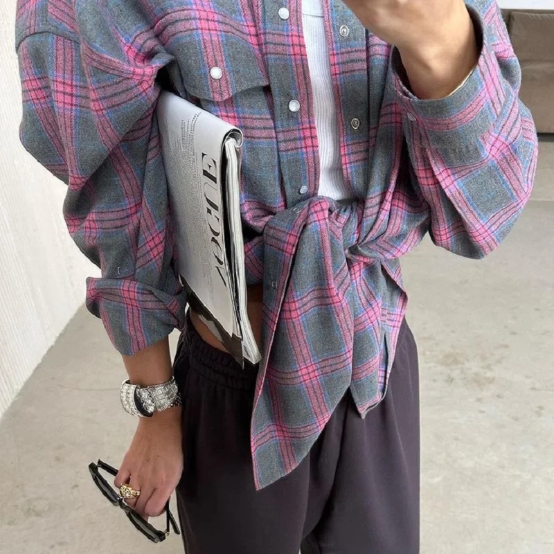 Women Comfortable Vintage Long Sleeve Shirt Oversized Plaid Shirt Autumn Fashion Loose Lapel Pocket Shirt Fit Blouse Korean Styl