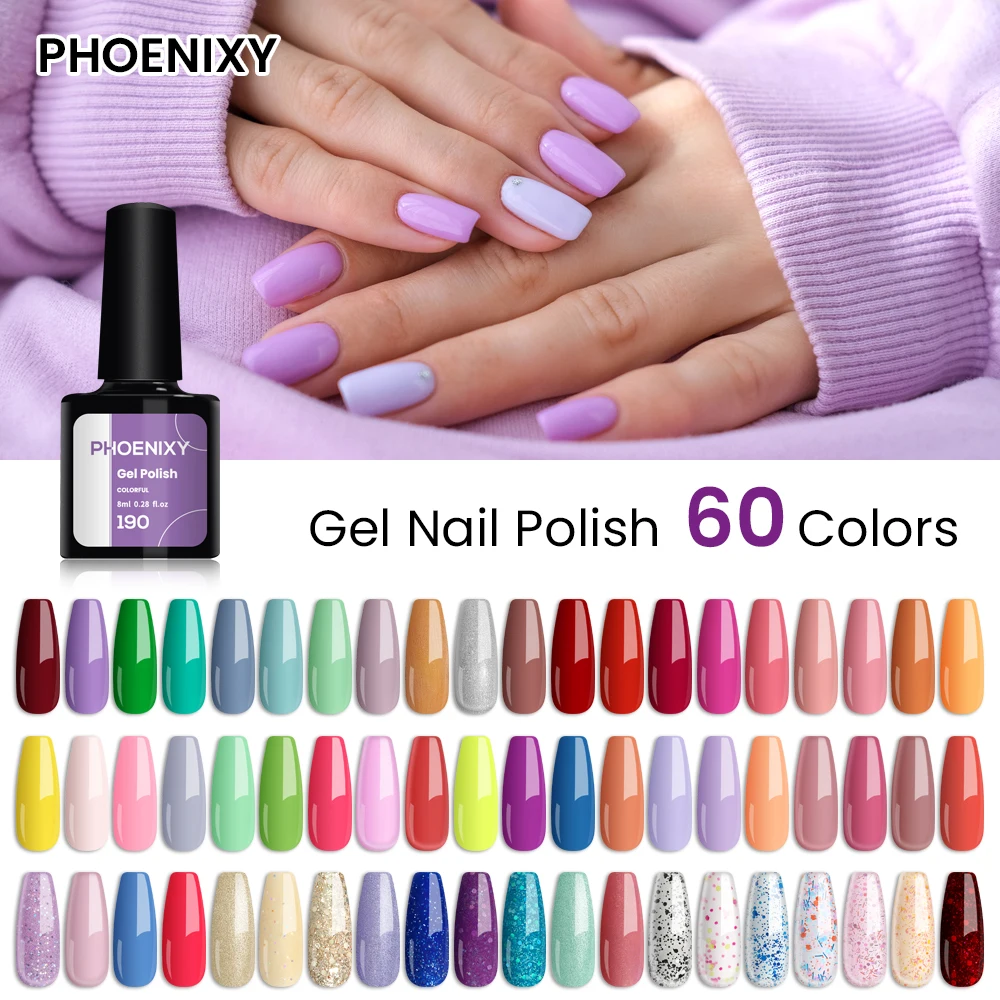 PHOENIXY-Kit Completo de Esmalte em Gel, Colorido, UV, Tudo para Design de Nail Art, Mergulhe, Conjunto Semi-Permanente de Verniz, 60 Cores, 8ml