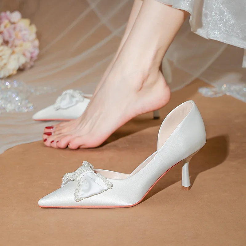 Bride Wedding Main Dress Shoes White Satin High Heels Women 2022 New Stjyle Summer Stiletto Bridesmaid Pearl Bowknot Single Shoe