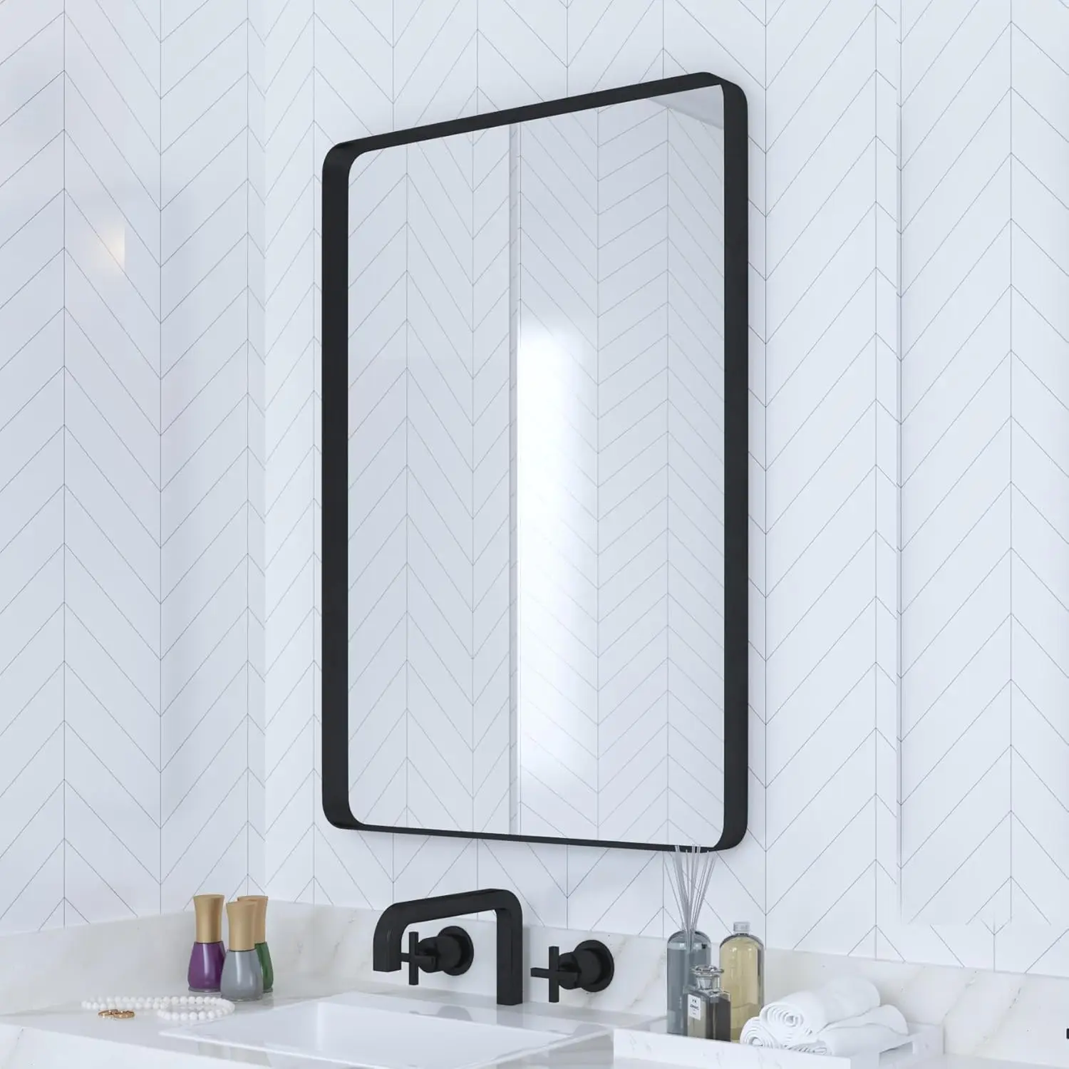 

18x26 Inch Rounded Rectangle Bathroom Mirror with Shatterproof Glass, Metal Frame for Wall Mounting