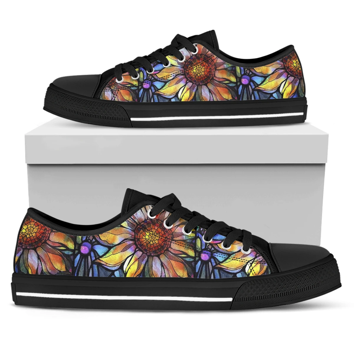 ELVISWORDS Popular Sunflower Print Black Soft Sole Low-top Women's Vulcanized Shoes Comfortable Casual Shoes For Spring Flats