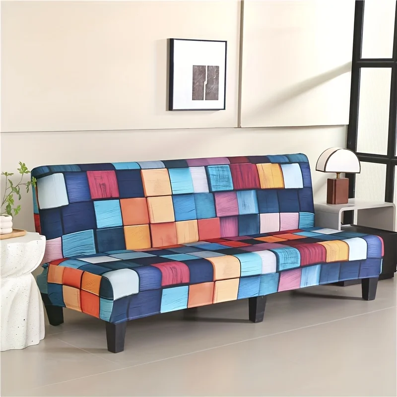 1pc Elastic Sofa Bed Cover, Modern Colorful Patchwork Block Print Couch Slipcover for Living Room