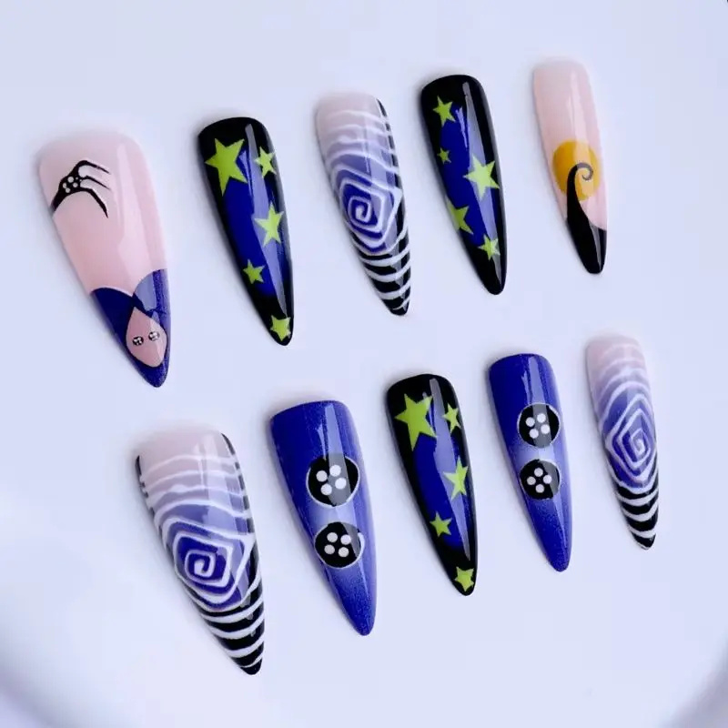 24 Stück süße, coole, dunkelblaue französische Stiletto-Presse auf falsche Nägel, gelber Stern, Wirbelmuster, künstliche Nägel, Gothic-Mandel-Kunstnägel