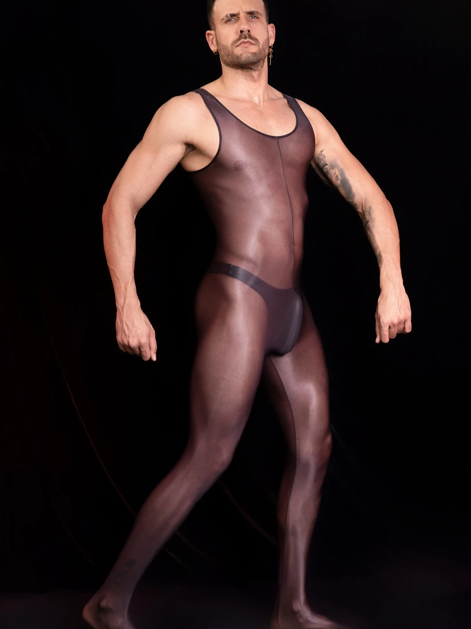 男性シースルージャンプスーツノースリーブパジャマセクシーなオイル光沢のあるオープンクロッチタイツ薄型ソフト伸縮性高品質生地ボディスーツ