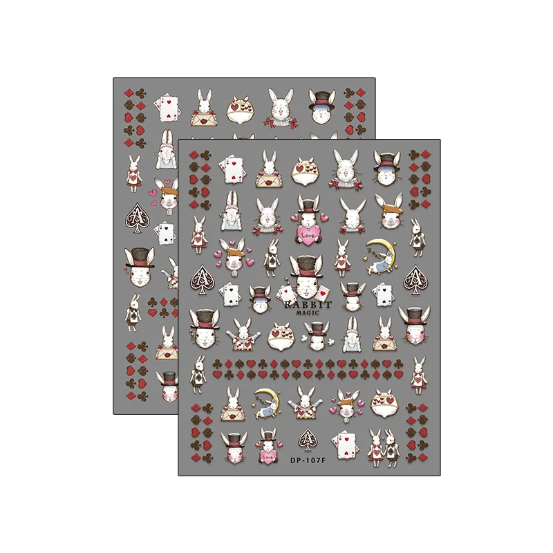 Leuke Bunny Poker Spade Hart Cartoon 5D Zachte Reliëfs Zelfklevende Nail Art Stickers Mooie 3D Manicure Decals Groothandel