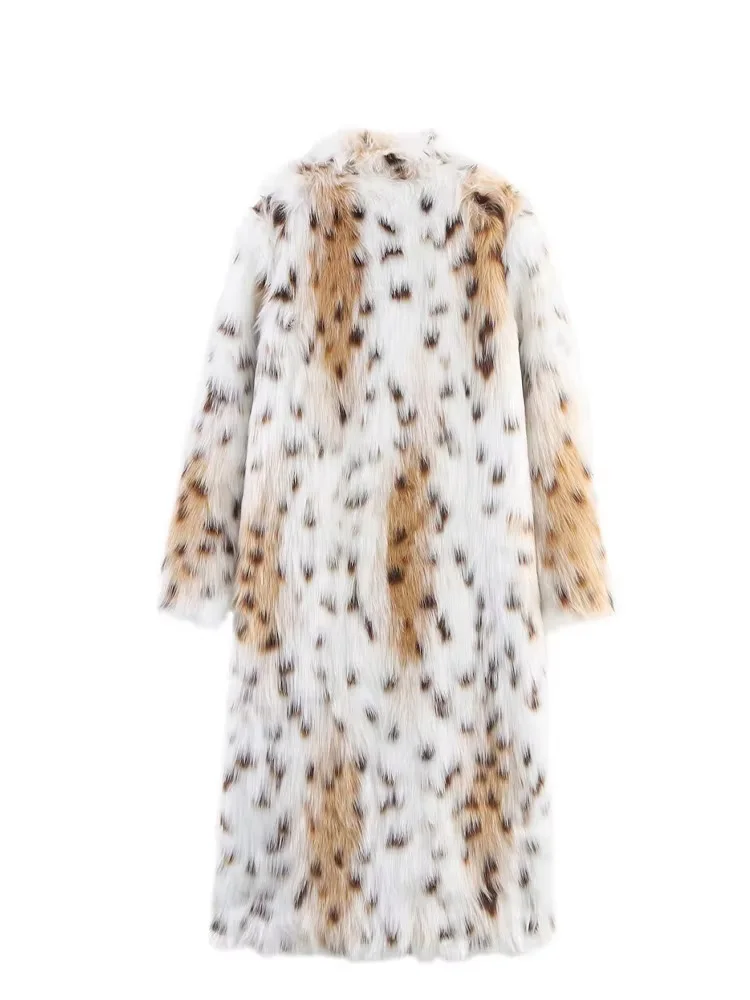 HH Women Winter Fashion Lapel Long Natural Imitation Fur Leopard Print Coat Female Warm Loose Outwear Casual Long Jacket