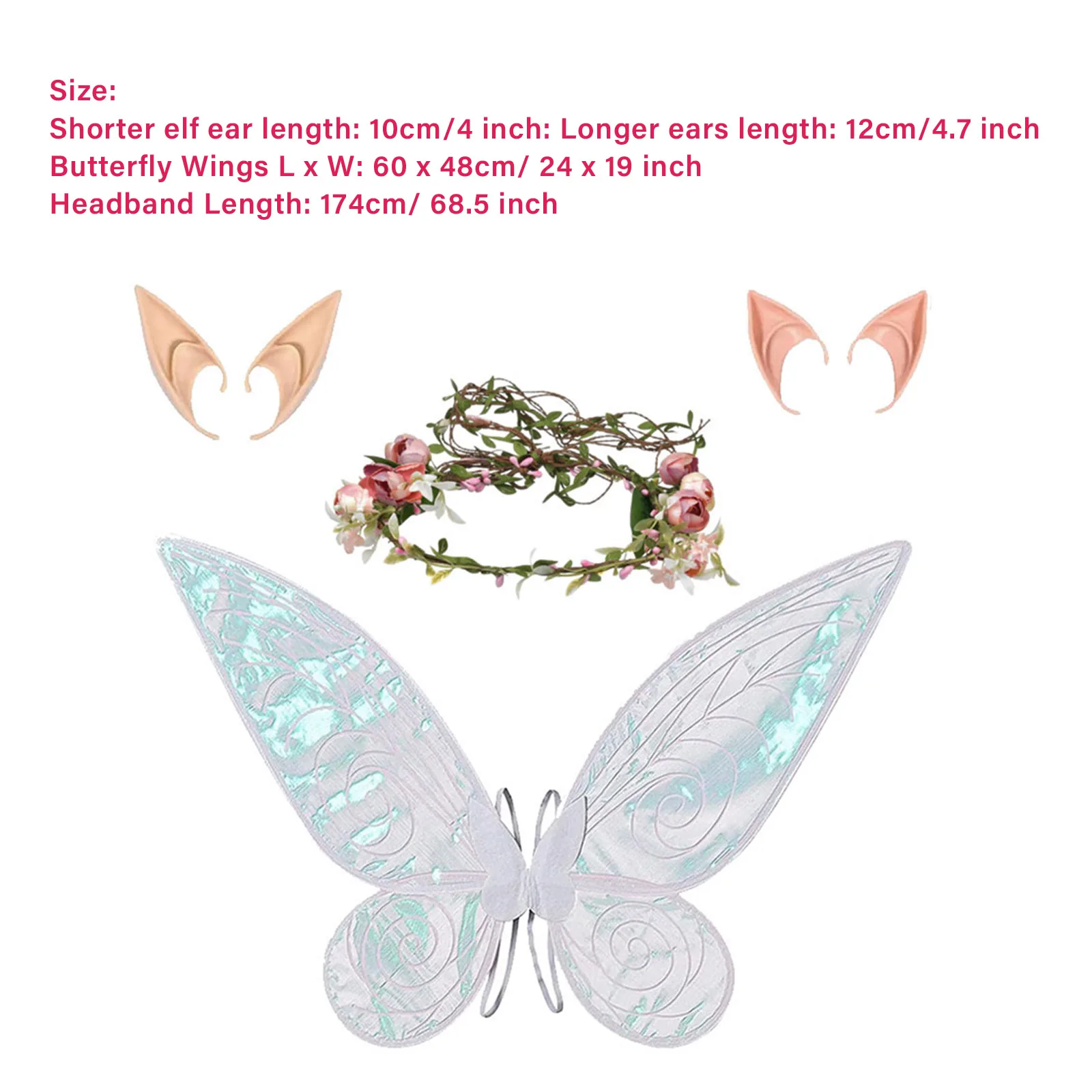 Accessoires de costume de cosplay d'elfe d'ange d'Halloween pour filles, ailes de papillon avec couronne florale, oreilles dégradées, accessoires de robe de soirée à thème