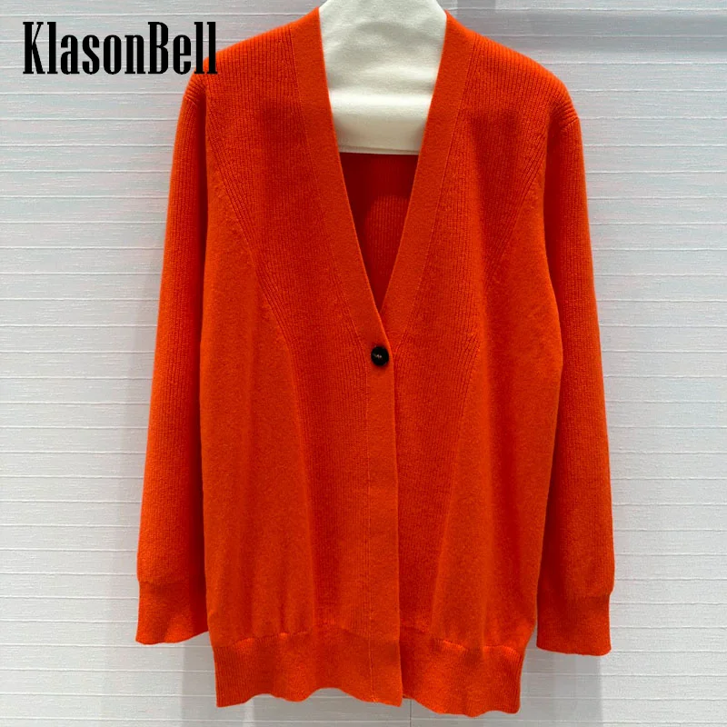 7.11 KlasonBell Women Classic V-Neck Cashmere Knit Single Button Cardigan Soft Comfortable Mid-Length Long Sleeve Outerwear