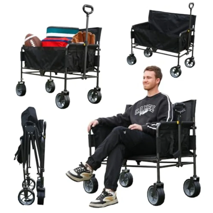 Beach wagon chair for adults: foldable cart converts to 2-person sofa, 2-in-1 wagon bench love seat combo, aluminum frame, navy