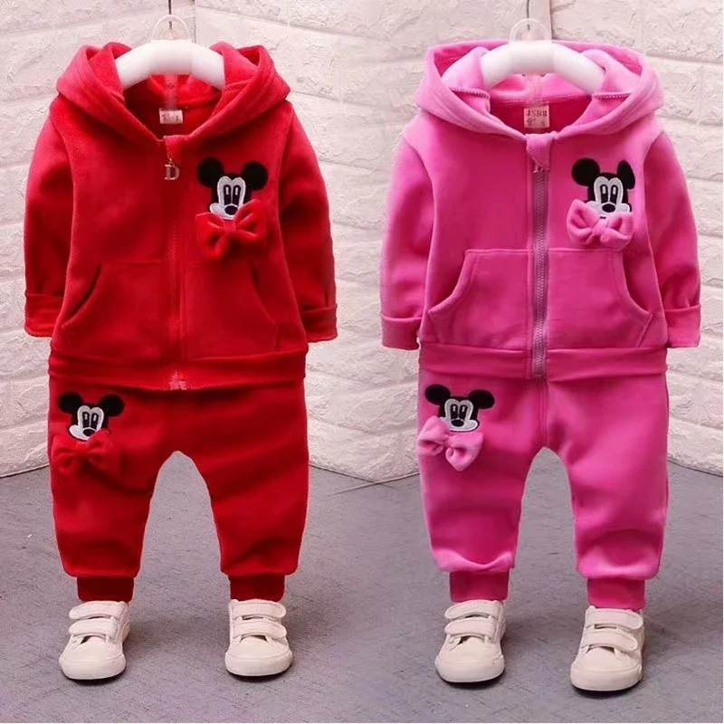 Children Clothing Set Winter Mickey Spiderman Kids Girl Outfit Boy Outwear Hooded Coat Pants 2PCS Toddler Warm Thick Tracksuit