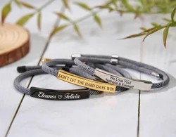 Personalized Carving Name Adjustable Bracelet Stainless Steel Plate Braided Rope Bracelet Anniversary Gift