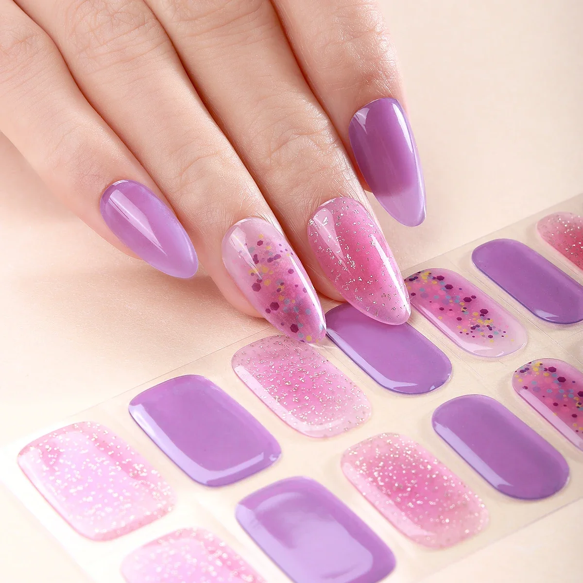 20 dicas rosa roxo semi curado tiras de gel de unhas glitter gradiente gel adesivos de unhas para mulheres auto-adesivo diy tira de manicure