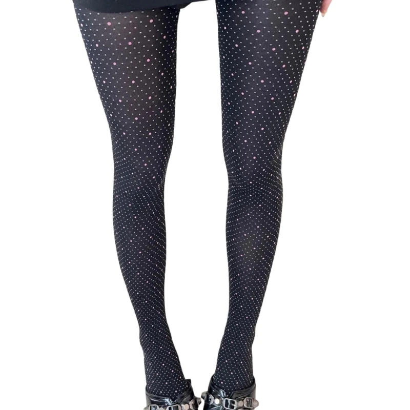 R7UF Nylon Dotted Tights for Women, Full-Length Footed Hosiery with Black and Pink Pattern, Stretchy Pantyhose for Daily Outfit