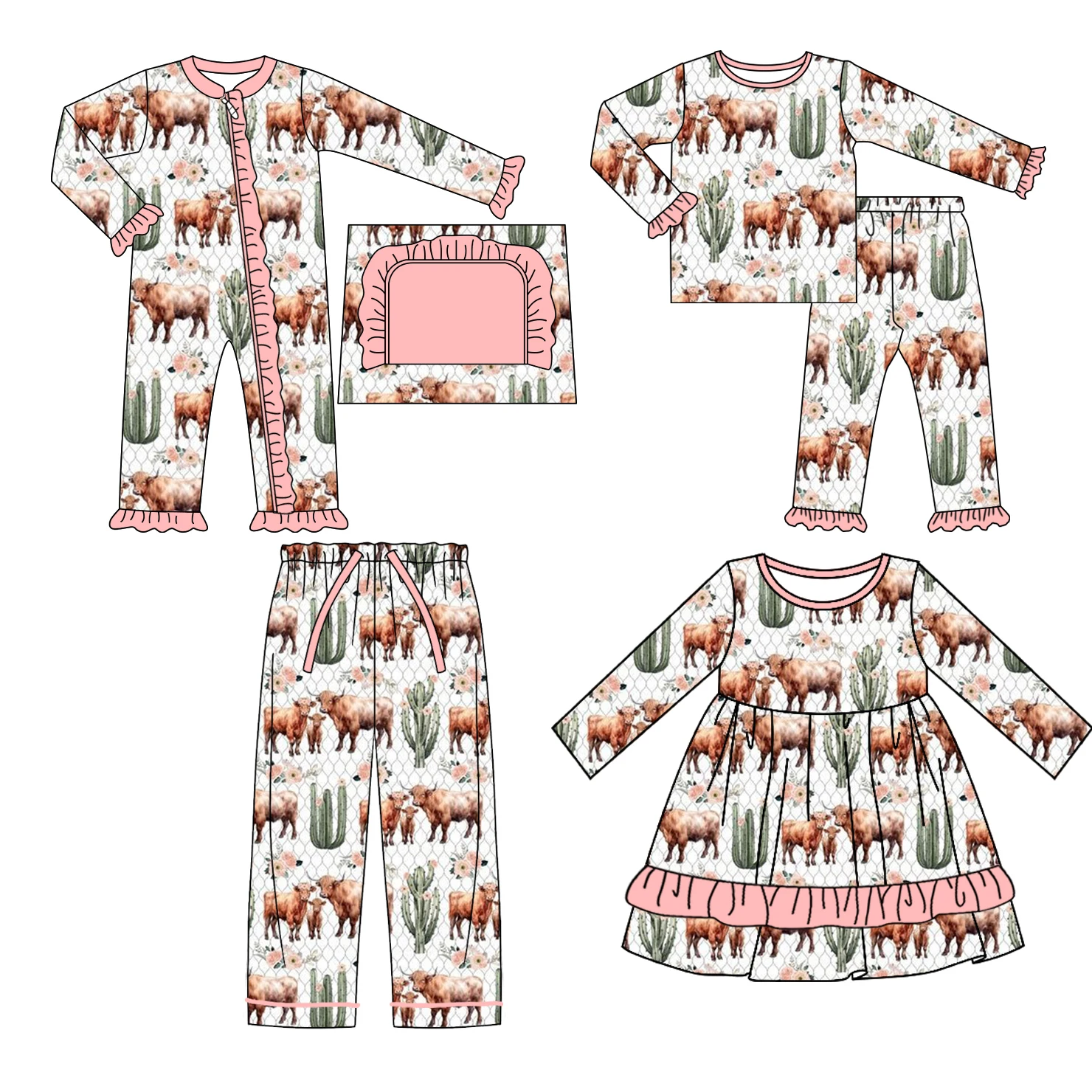 

Hot Sale Autumn Matching 4 Piece Set Western Cow Cactus Print Girls Pink Long Sleeve Dress Newborn Clothing Wholesale