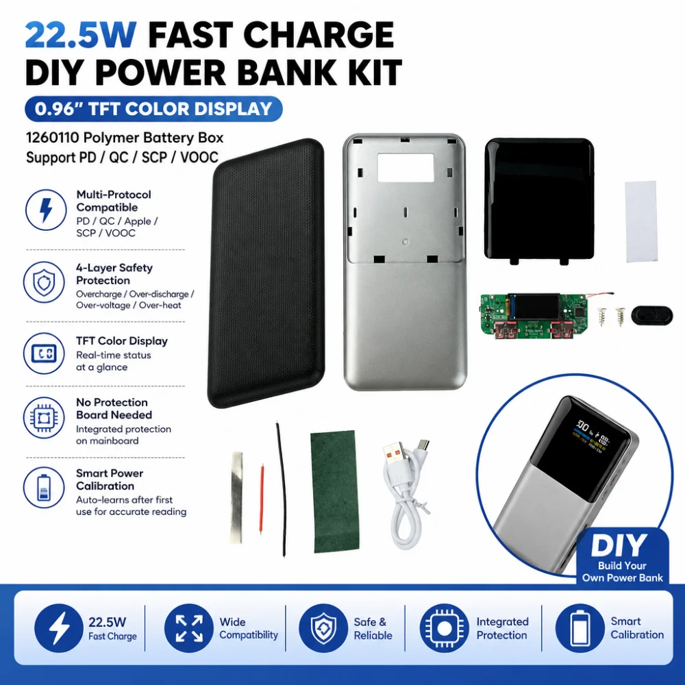 22.5W Fast-Charging Power Bank, 0.96-Inch TFT Colour Screen Power Bank DIY Kit, 2*1260110 Battery Holder, Support PD/QC/SCP/VOOC