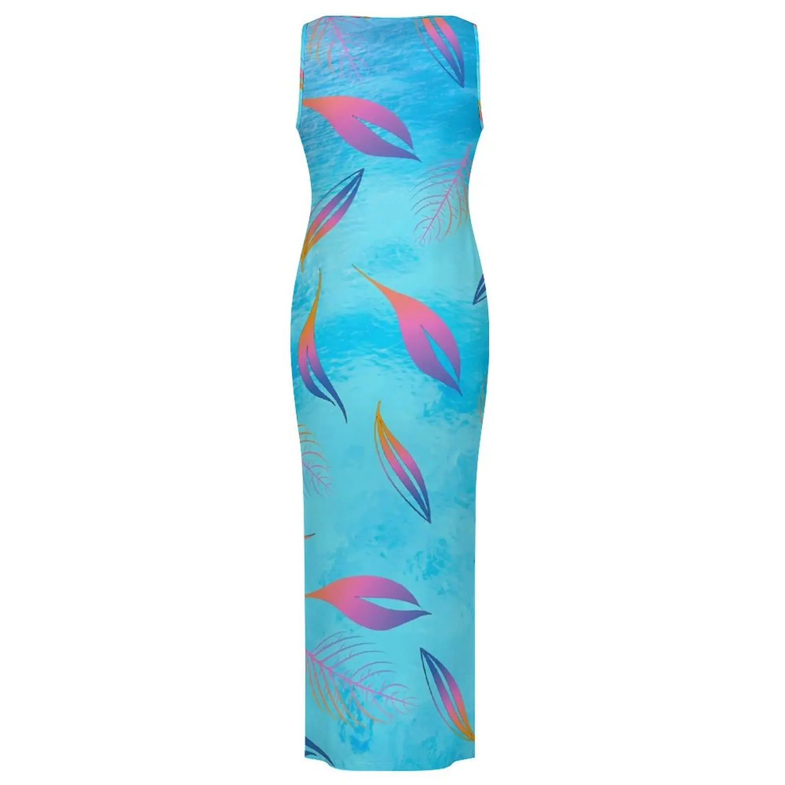 Femme robe feuille colorée bleu et rose mode robe moulante vacances sans manches mignon Maxi robes graphique vêtements surdimensionnés