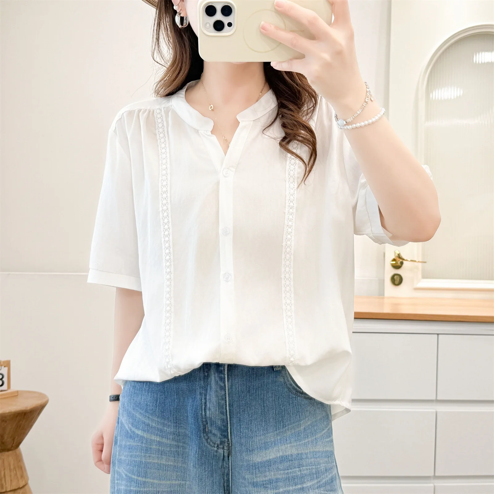 2026 Summer Plus Size V Neck Lace Splicing Open Blouse Short Sleeve Casual Daily Shirt Curvy Ladies 2626 view 3