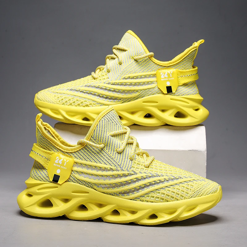 

Breathable Couples Running Sport Shoes Yellow Mesh Men Athletic Training Shoes Comfortable Women Popular Leisure Sneakers