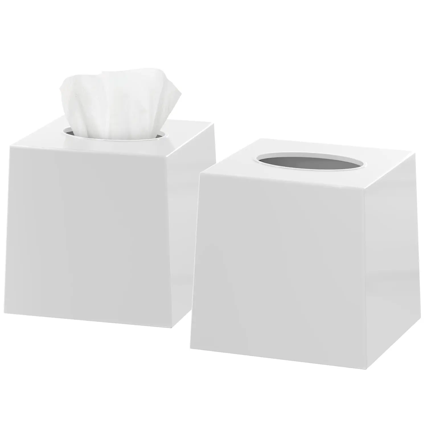 White Square Plastic Tissue Box Cover Set Of 2 – Cube Facial Tissue Holder For Desk, Living Room, Vanity (5.5” x 5.5” x 5.6”)