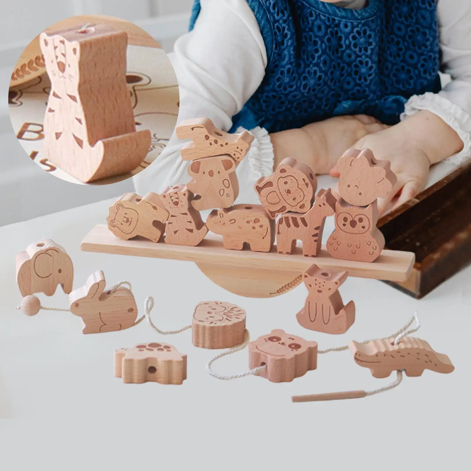 Wooden Animal Blocks Stacking Toy Hand Eye Coordination Early Development Lacing Beads Toy Educational Stringing for Toddlers