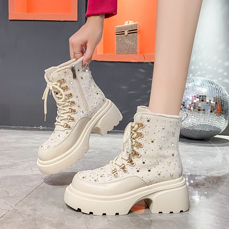 High quality Designer Women\'s Autumn Winter 2024 New Winter Warm 7CM Thick Bottom Increased Full Diamond Rhinestone Ankle Boots