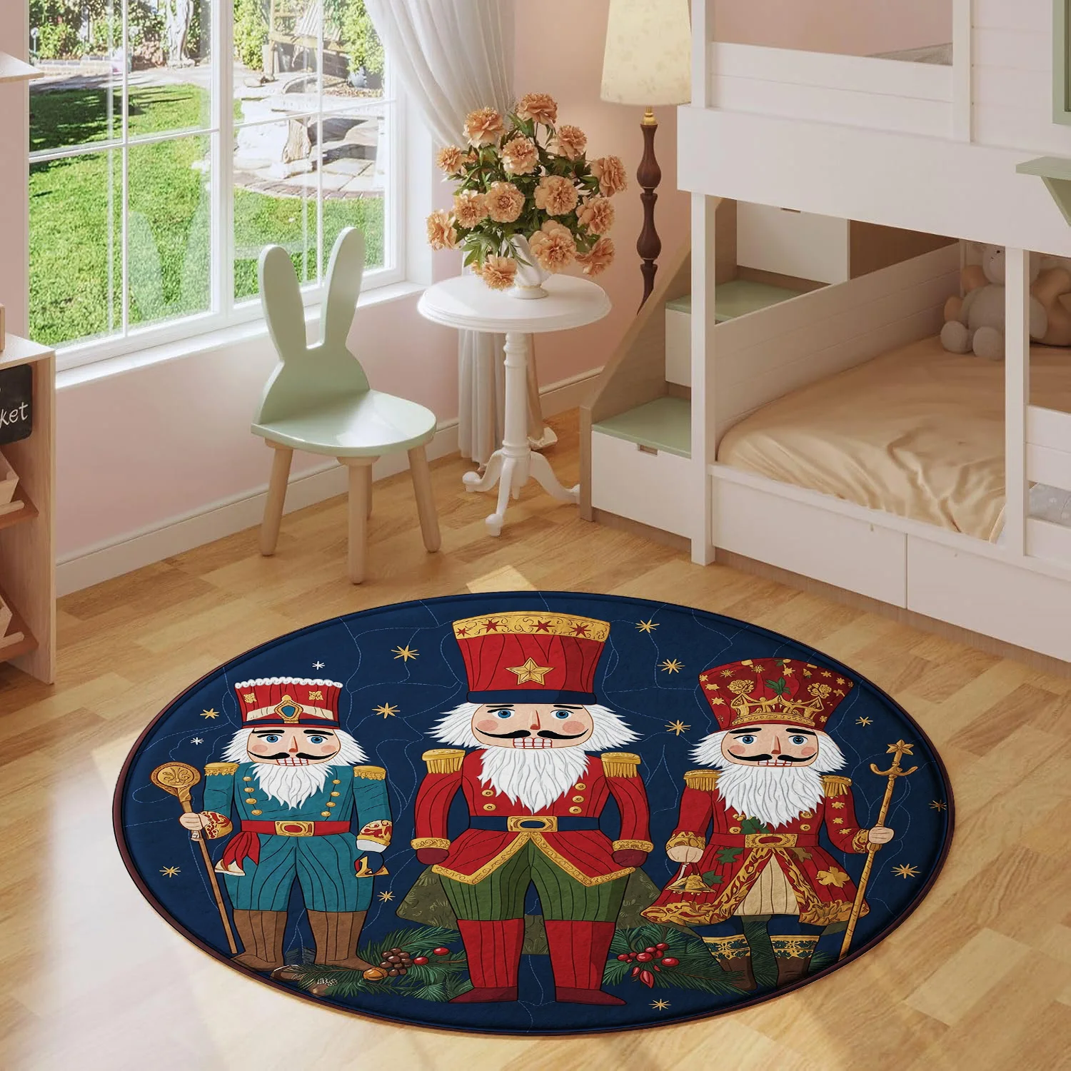 Christmas Nutcracker Soldier King Star Blue Background Pattern Holiday Luxury Round Mat Elegant Area Rug Home Decor